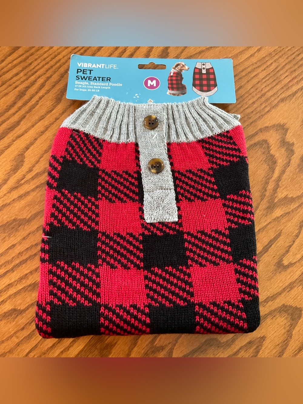 Vibrant Life Red & Black Buffalo Plaid Dog Knit Sweater, Sz Med 20-50 Lbs.